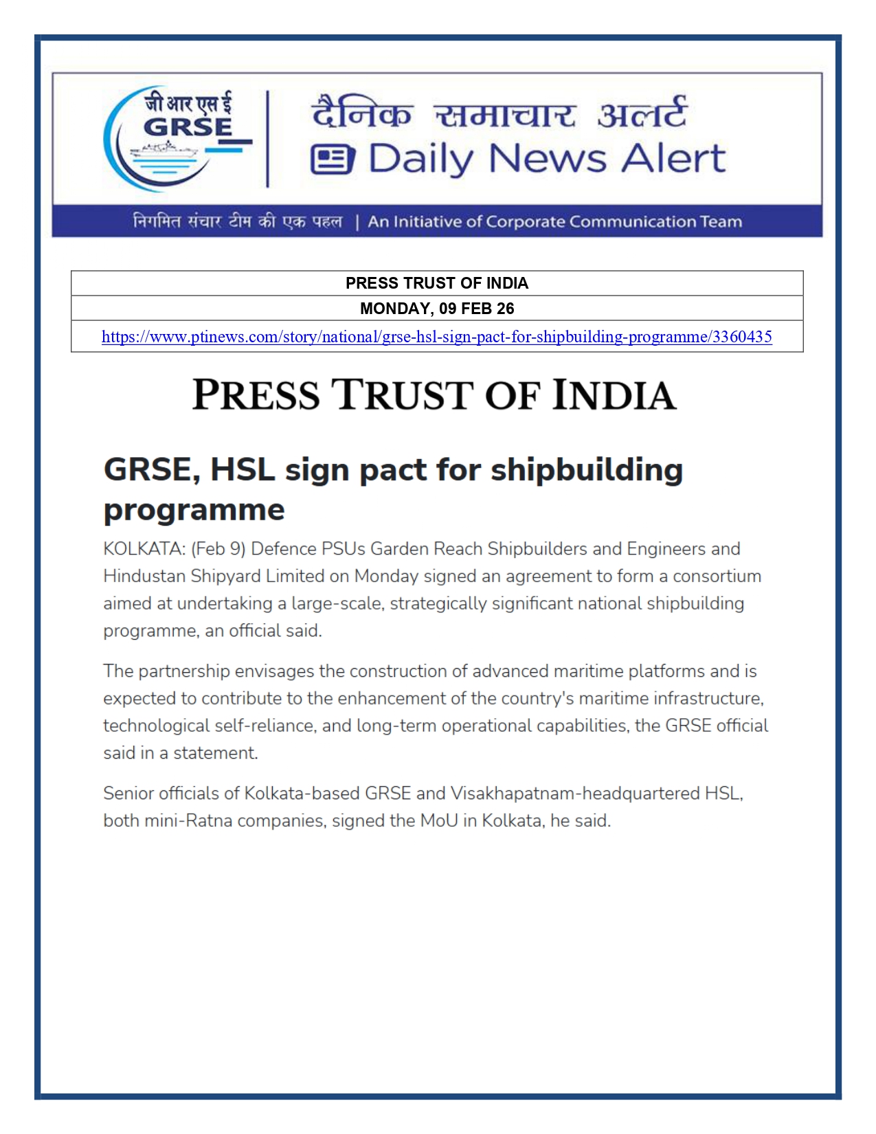 Press Coverage: 10 FEB 26: PRESS TRUST OF INDIA 
